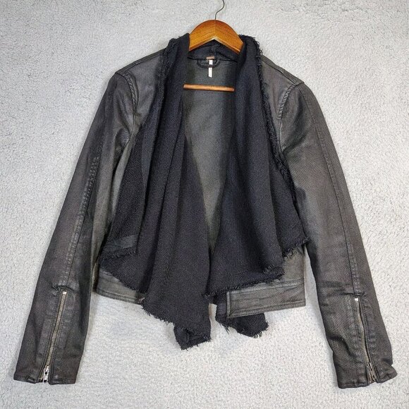 Free People Jackets & Blazers - Free People Moto Jacket Women's 6  Black Waxed Denim Drape Front Crop Biker